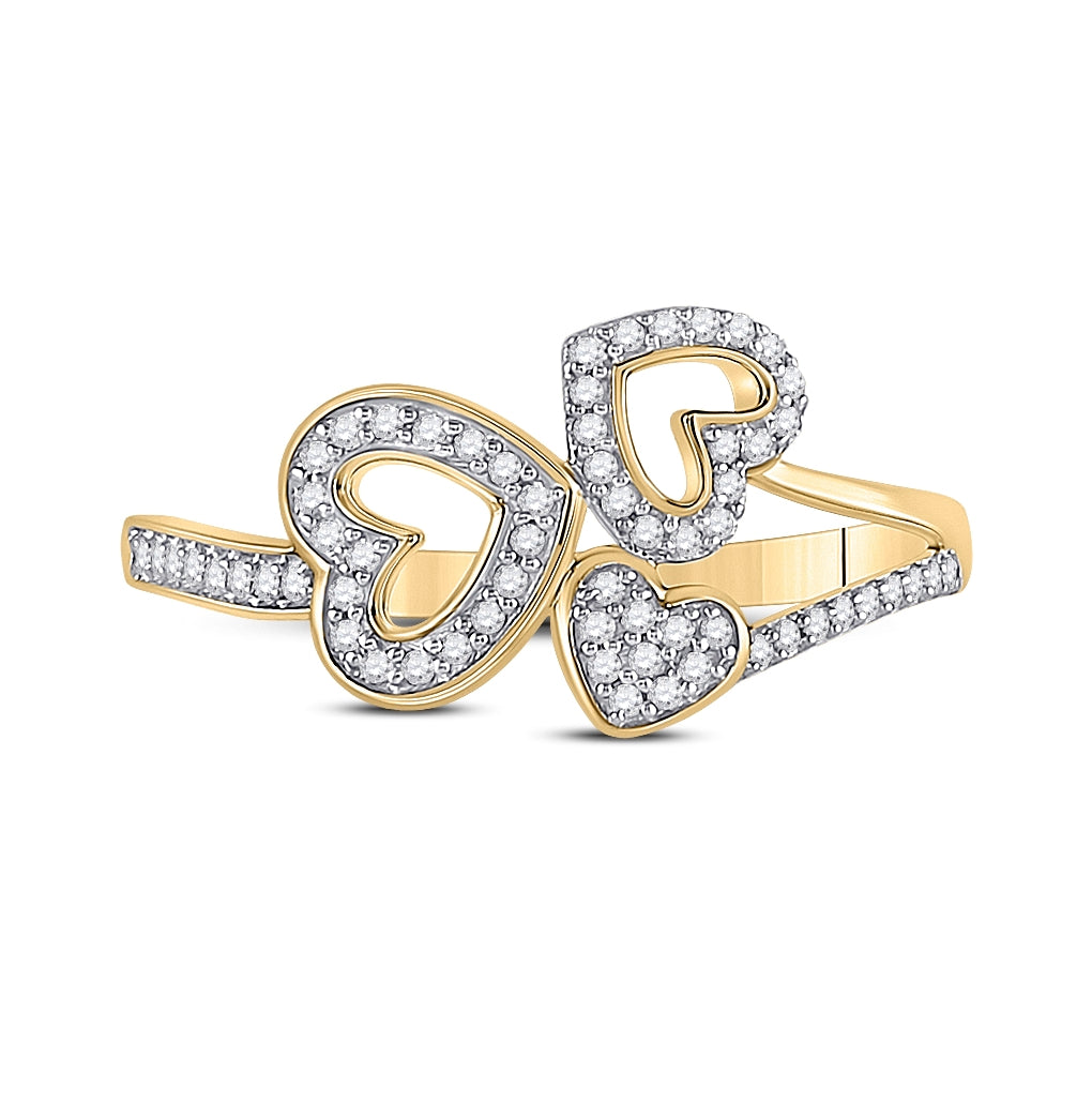 10K Yellow Gold Womens Round Diamond Triple Heart Ring 1/6 Cttw, Womens Size: 5-10