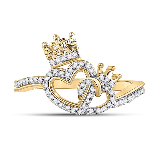 10K Yellow Gold Womens Round Diamond King Queen Heart Ring 1/6 Cttw, Womens Size: 5-10