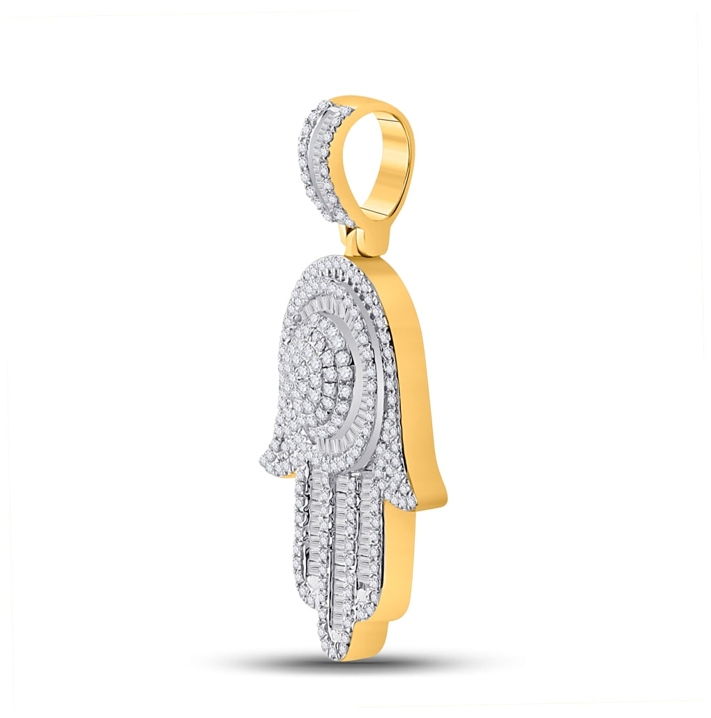 10K Yellow Gold Mens Baguette Diamond Hamsa Charm Pendant 1 Cttw, Length: 1.47 In, Width: 0.85 In