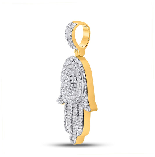 10K Yellow Gold Mens Baguette Diamond Hamsa Charm Pendant 1 Cttw, Length: 1.47 In, Width: 0.85 In