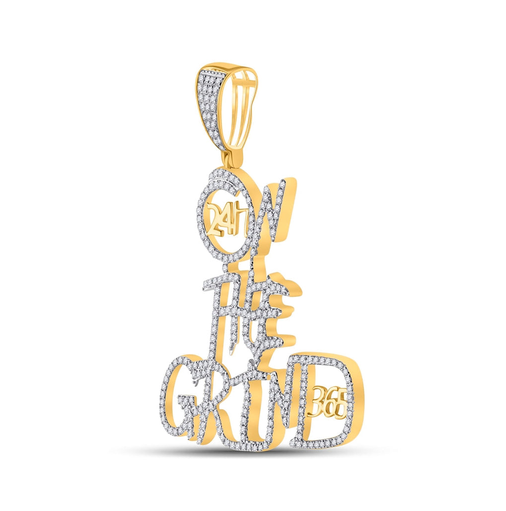 10K Yellow Gold Mens Round Diamond On The Grind Phrase Charm Pendant 3/4 Cttw, Length: 1.88 In, Width: 1.47 In