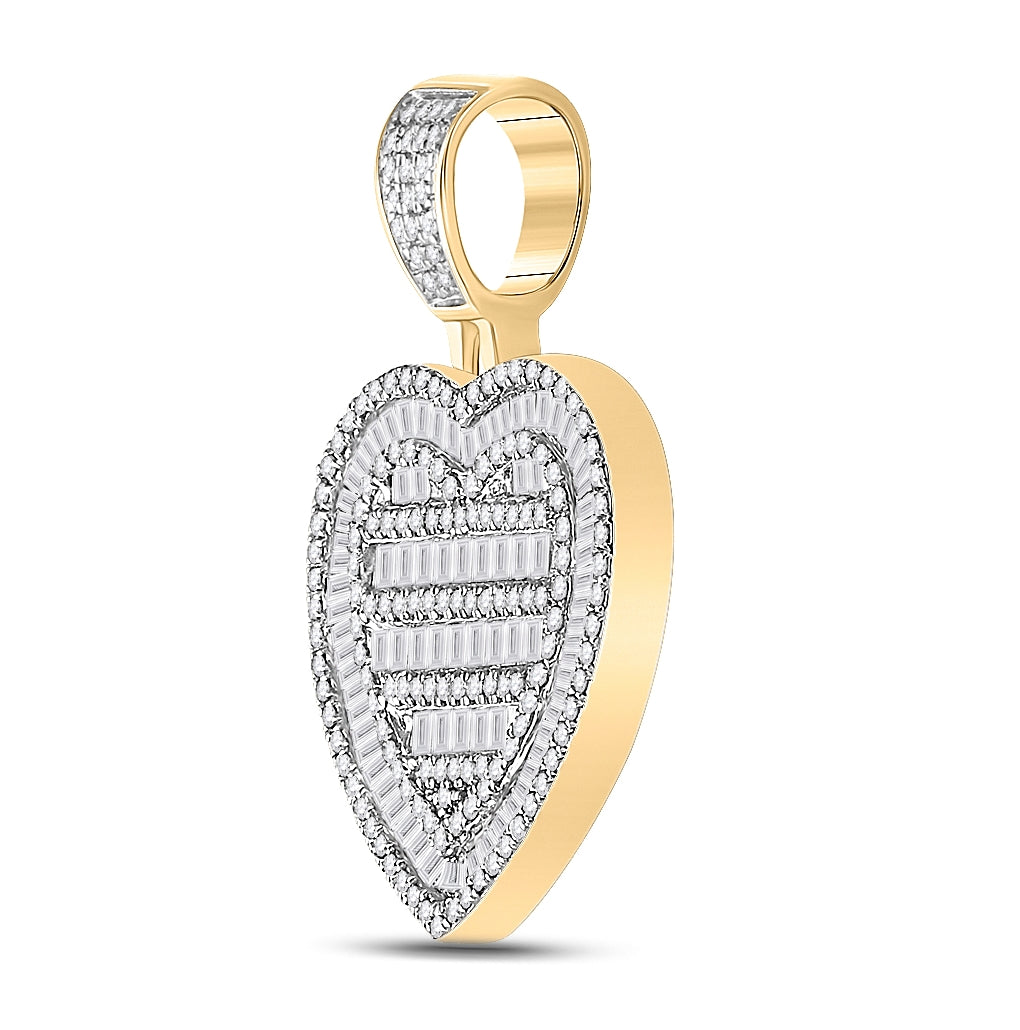 10K Yellow Gold Mens Baguette Diamond Heart Charm Pendant 1-1/3 Cttw, Length: 1.2 In, Width: 0.85 In