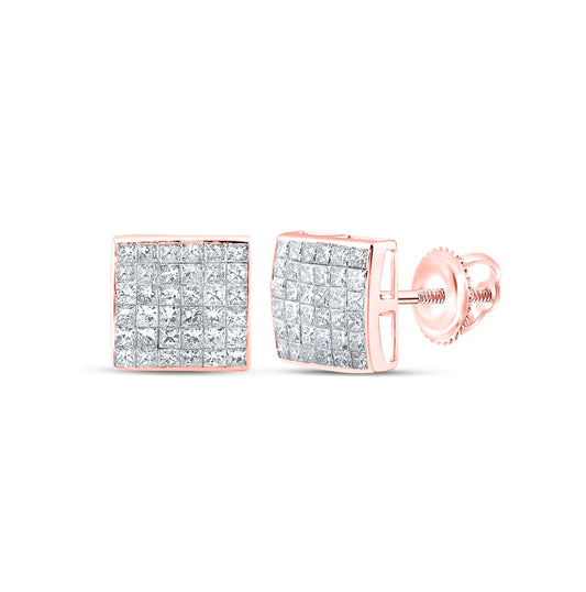 14K Rose Gold Womens Princess Diamond Square Earrings 2 Cttw