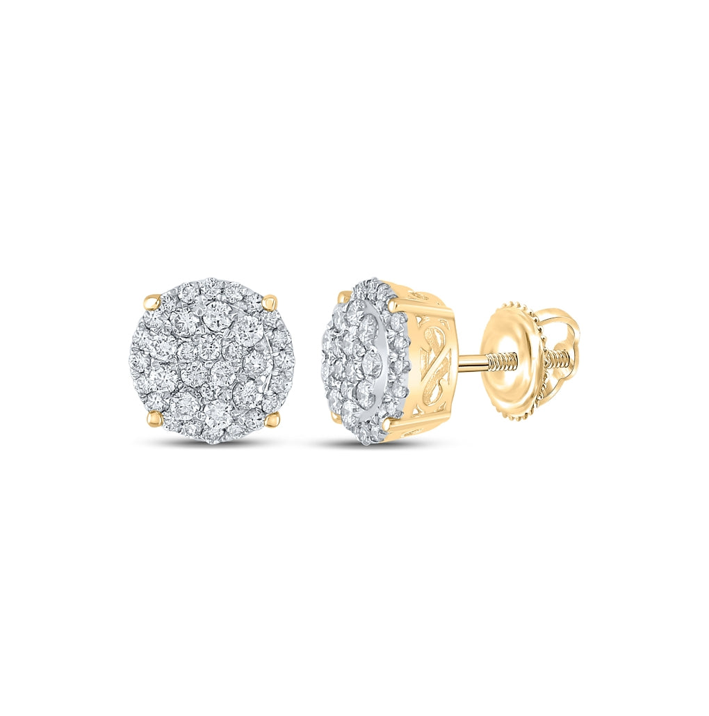 14K Yellow Gold Womens Round Diamond Cluster Earrings 1 Cttw, Length: 0.36 In, Width: 0.39 In