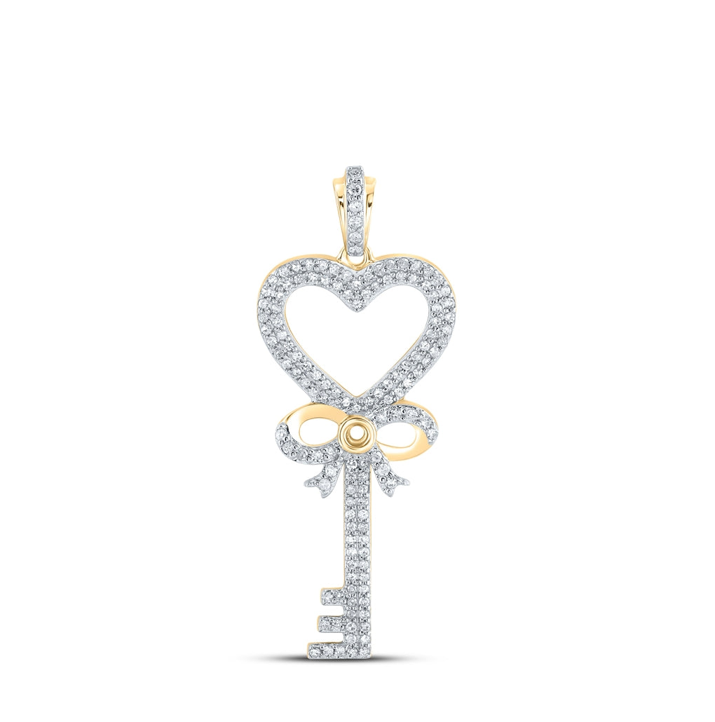 10K Yellow Gold Womens Round Diamond Heart Key Pendant 1/2 Cttw