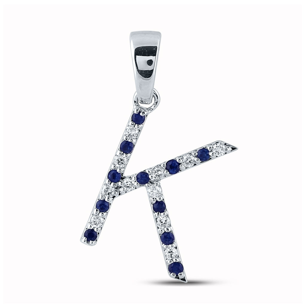 10kt White Gold 1/10ct Diamond Cn 1/10ct-blue Sapp Natural Gem Initial "k" Pendant