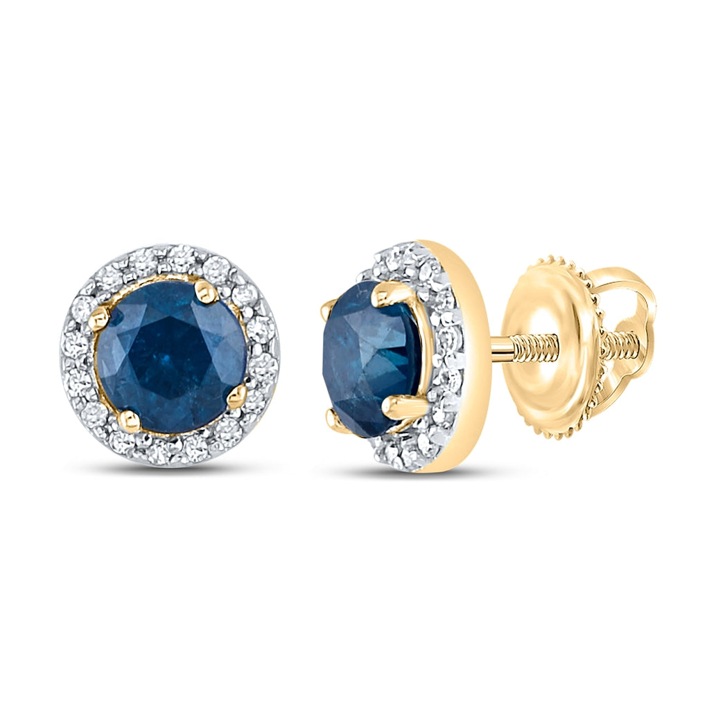10K Yellow Gold Womens Round Blue Color Enhanced Diamond Halo Earrings 7/8 Cttw