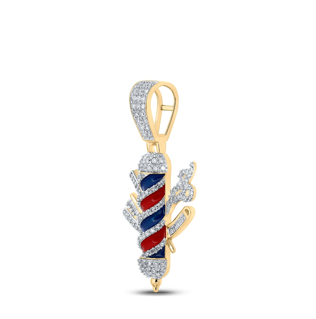 10K Yellow Gold Mens Baguette Diamond Barber Pole Charm Pendant 7/8 Cttw