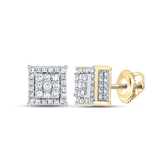 10K Yellow Gold Womens Round Diamond Square Earrings 1/2 Cttw