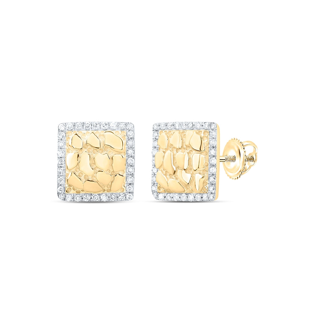 10K Yellow Gold Round Diamond Nugget Square Earrings 1/6 Cttw
