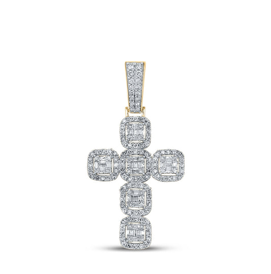 10K Yellow Gold Mens Baguette Diamond Cross Charm Pendant 1-1/3ctw