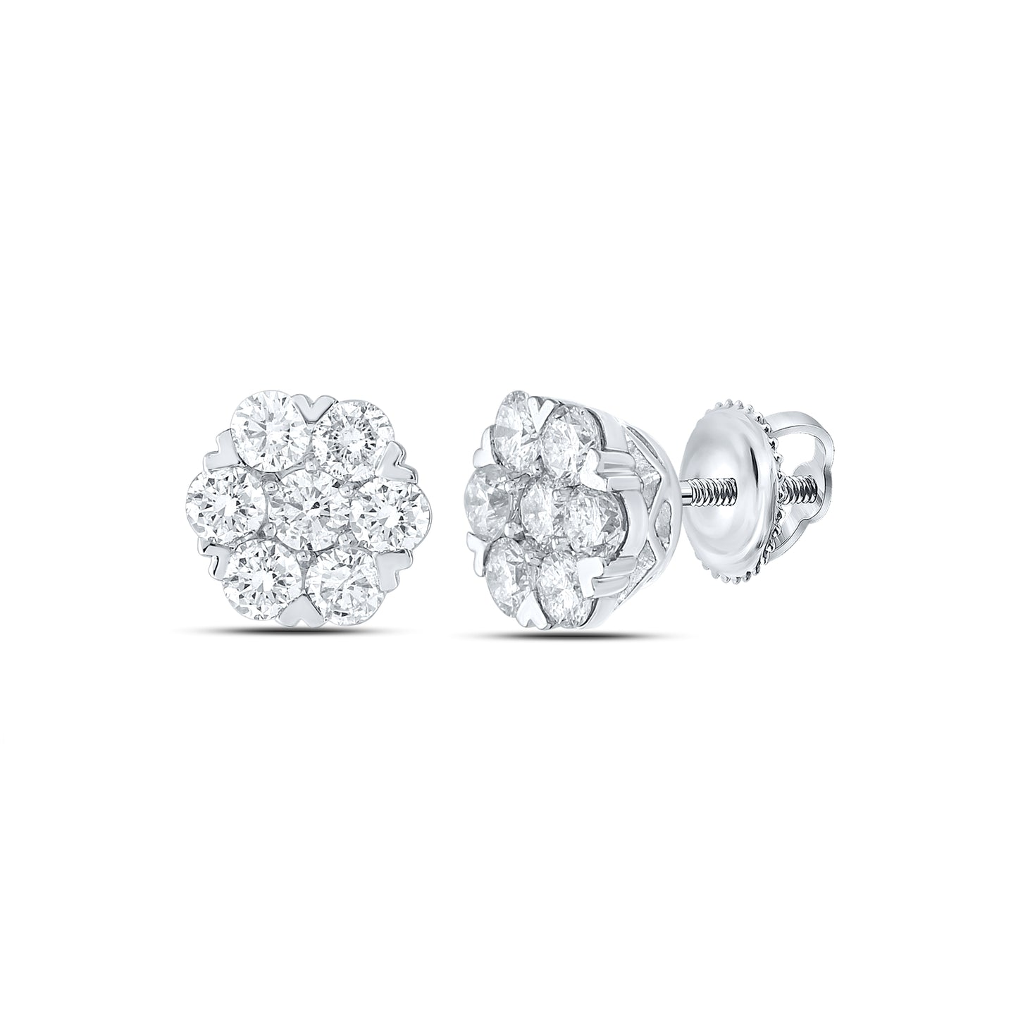 14K White Gold Womens Round Diamond Flower Cluster Earrings 1-7/8 Cttw