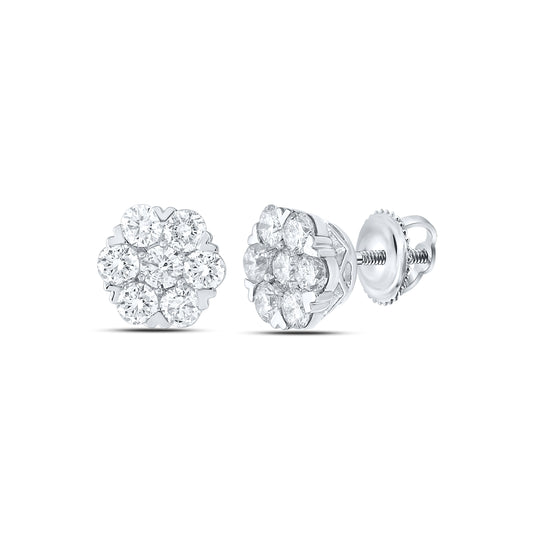 14K White Gold Womens Round Diamond Flower Cluster Earrings 1-7/8 Cttw
