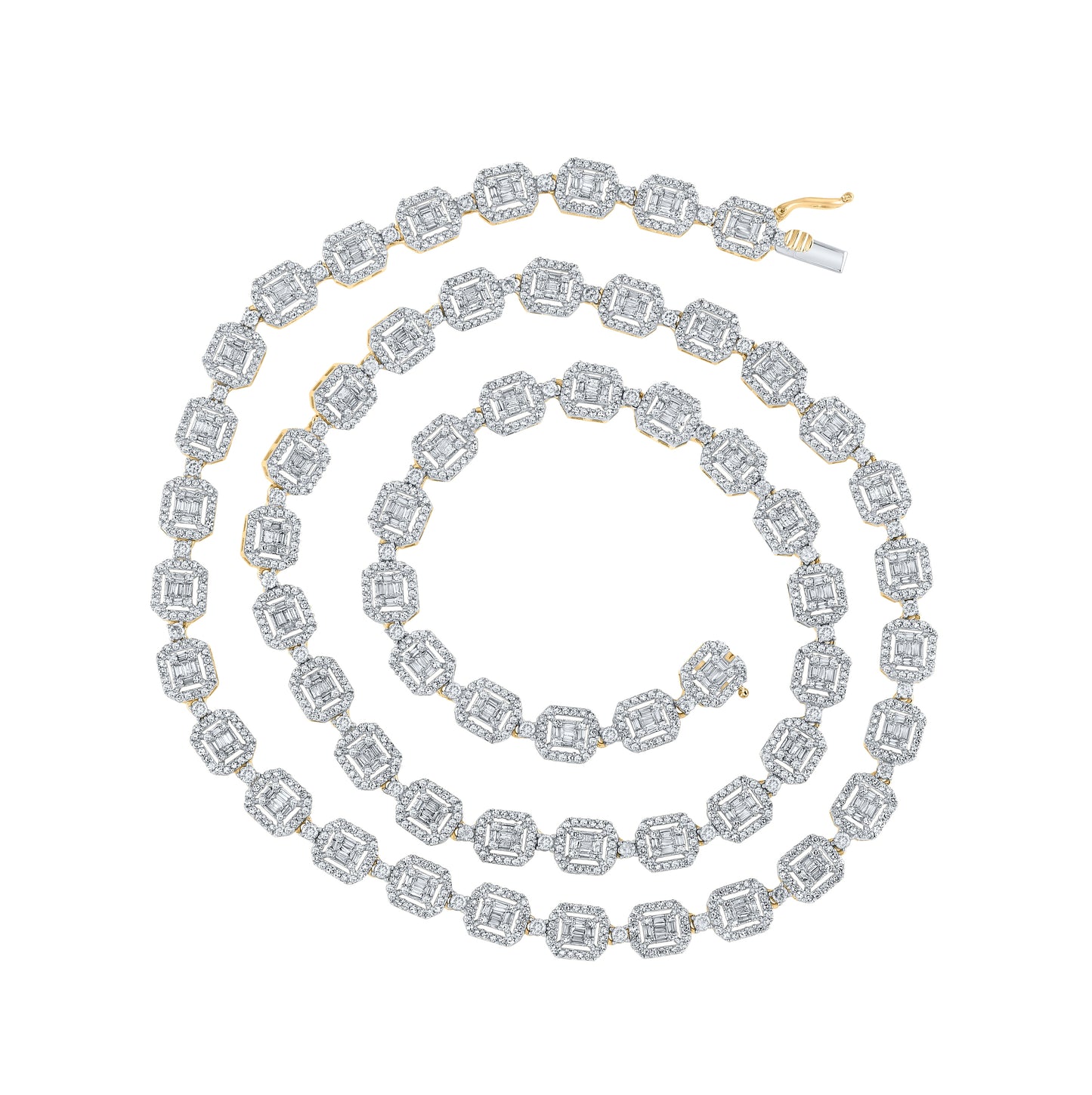 10K Yellow Or White Gold Mens Baguette Diamond 24-inch Square Link Chain Necklace 10 Cttw, Length: 24.02 In, Width: 0.29 In