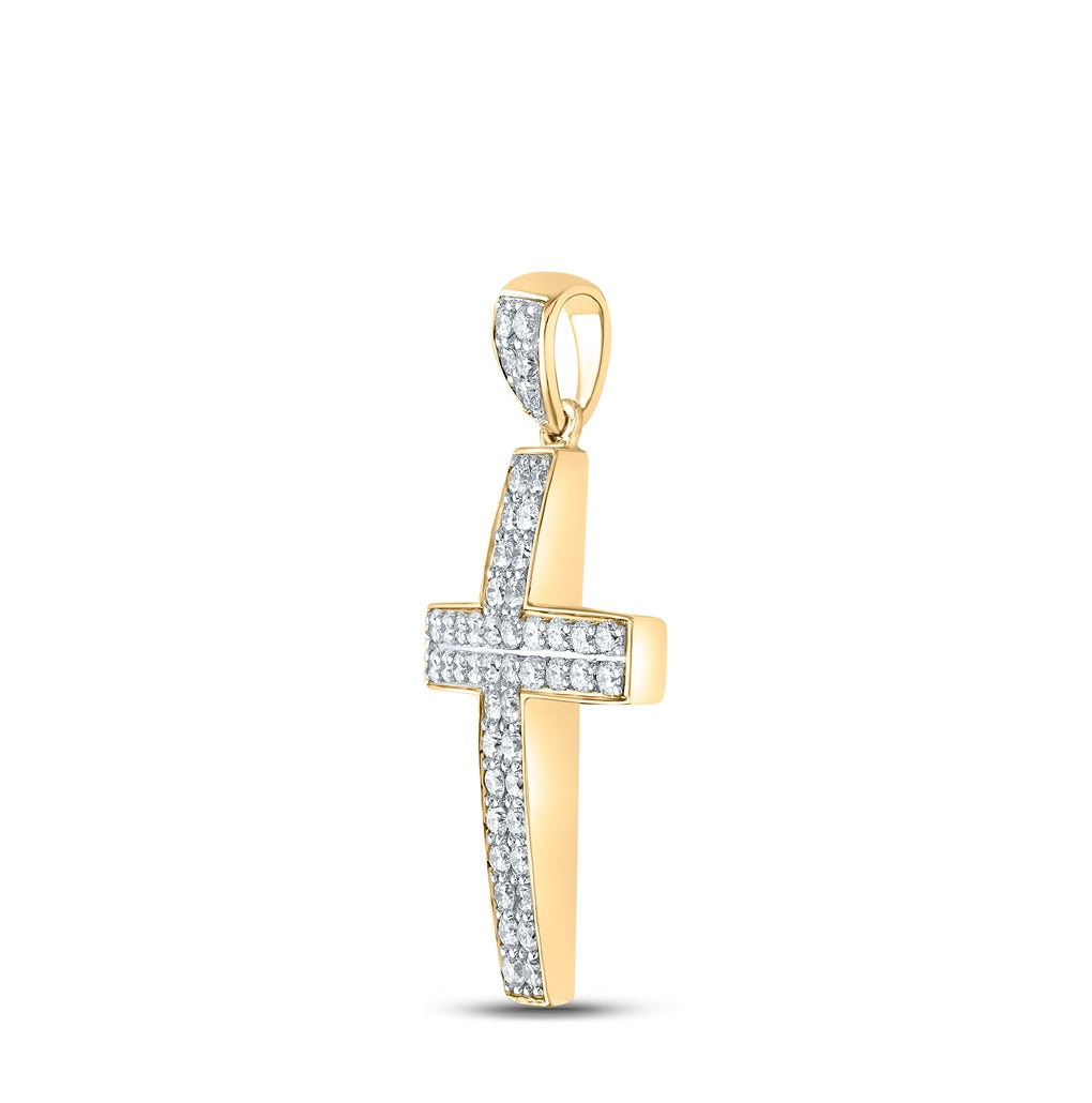 10K Yellow Gold Men's Round Diamond Cross Charm Pendant 1ctw