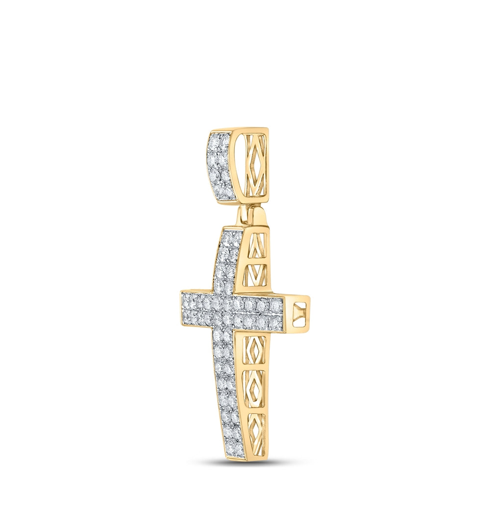 10K Yellow Gold Mens Round Diamond Cross Charm Pendant 1 Cttw, Length: 1.54 In, Width: 0.78 In