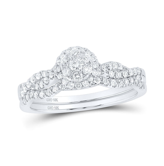 10K White Gold Round Diamond Cluster Bridal Wedding Ring Band Set 1/2 Cttw, Womens Size: 5-10