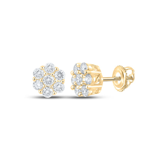 10K Yellow Gold Round Diamond Flower Cluster Earrings 3/4 Cttw