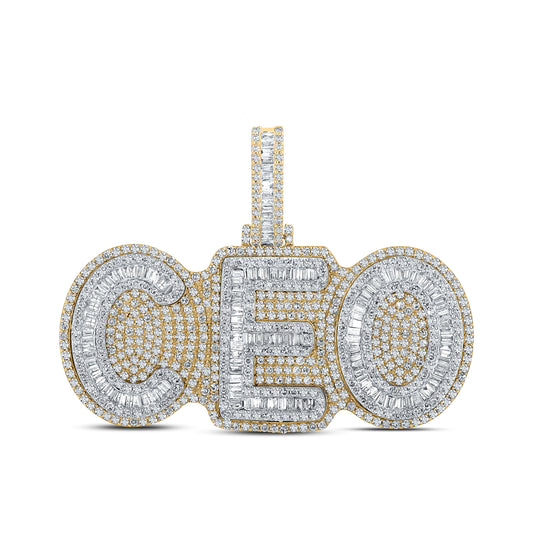 10K Two-tone Gold Mens Baguette Diamond CEO Charm Pendant 5 Cttw, Length: 1.89 In, Width: 2.32 In