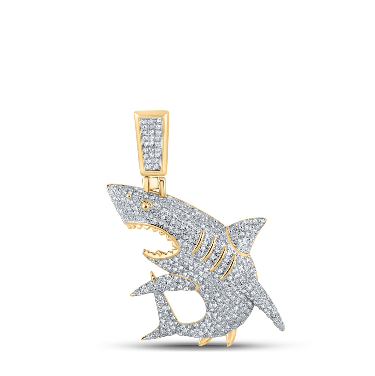 10K Yellow Gold Mens Round Diamond Shark Animal Charm Pendant 7/8 Cttw, Length: 1.81 In