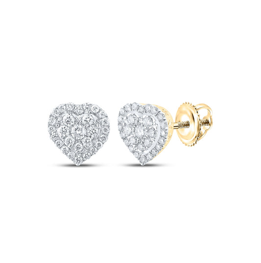 14K Yellow Gold Womens Round Diamond Heart Earrings 1/4 Cttw, Length: 0.26 In, Width: 0.25 In
