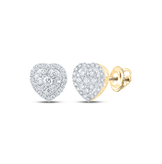 14K Yellow Gold Womens Round Diamond Heart Earrings 3/4 Cttw
