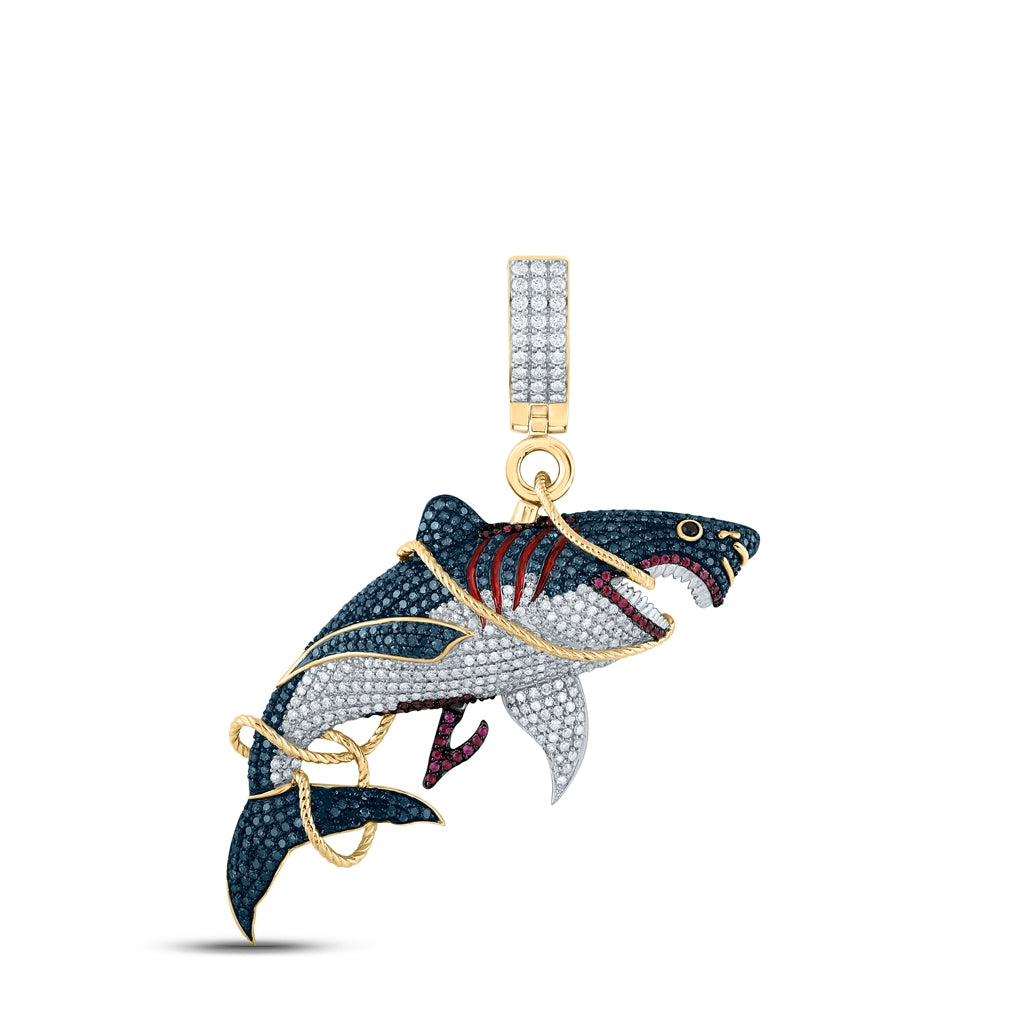 10kt Yellow Gold 2 3/4ct Diamond Cn 1/4ct Ruby Shark Mens Charm