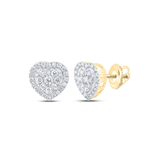 10K Yellow Gold Womens Round Diamond Heart Earrings 1 Cttw