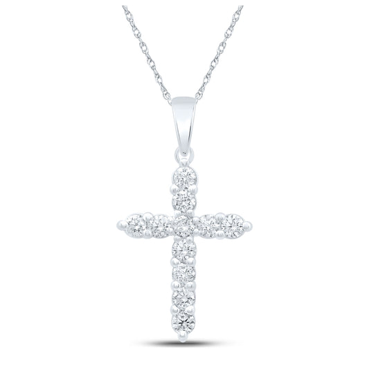 14K White Gold Womens Round Diamond Cross Pendant 1 Cttw