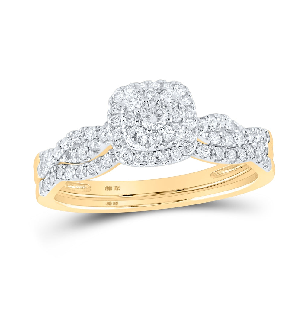 10K Yellow Gold Round Diamond Square Bridal Wedding Ring Band Set 1/2 Cttw, Womens Size: 5-10