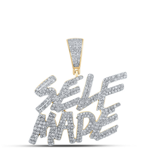 10K Yellow Gold Mens Round Diamond Self-Made Phrase Charm Pendant 1-3/8 Cttw, Length: 1.44 In, Width: 1.39 In