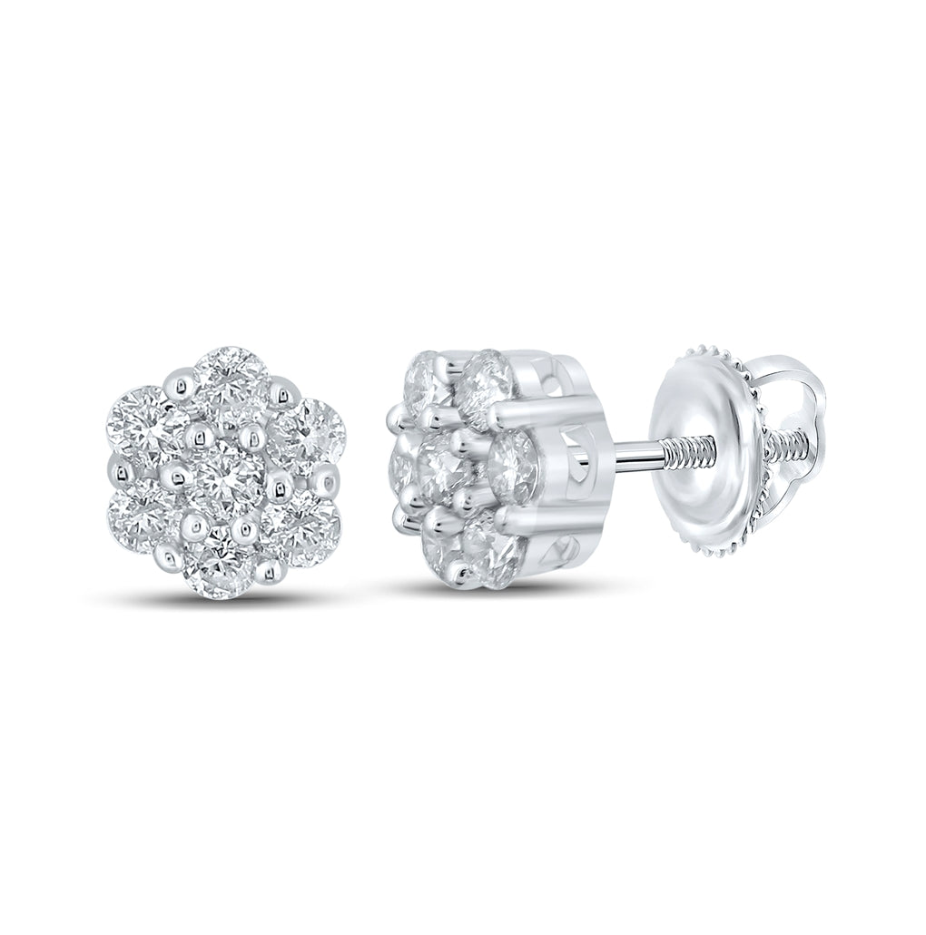 10K White Gold Round Diamond Flower Cluster Earrings 1/4 Cttw
