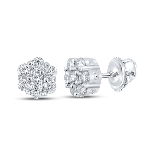 10K White Gold Round Diamond Flower Cluster Earrings 1/4 Cttw