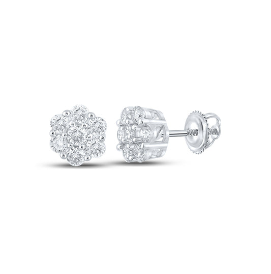 10K White Gold Round Diamond Flower Cluster Earrings 1/2 Cttw