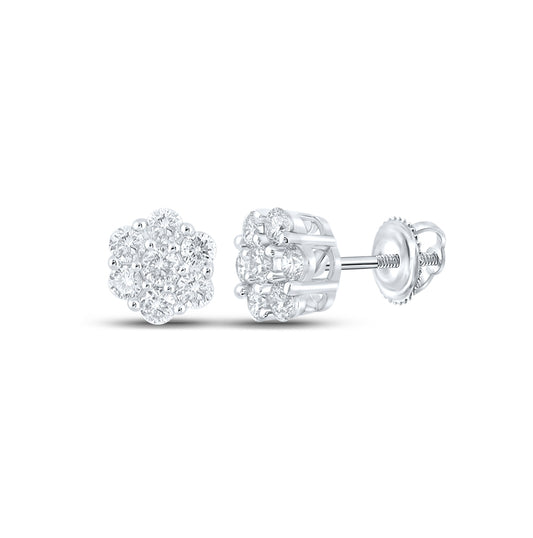 10K White Gold Round Diamond Flower Cluster Earrings 3/4 Cttw