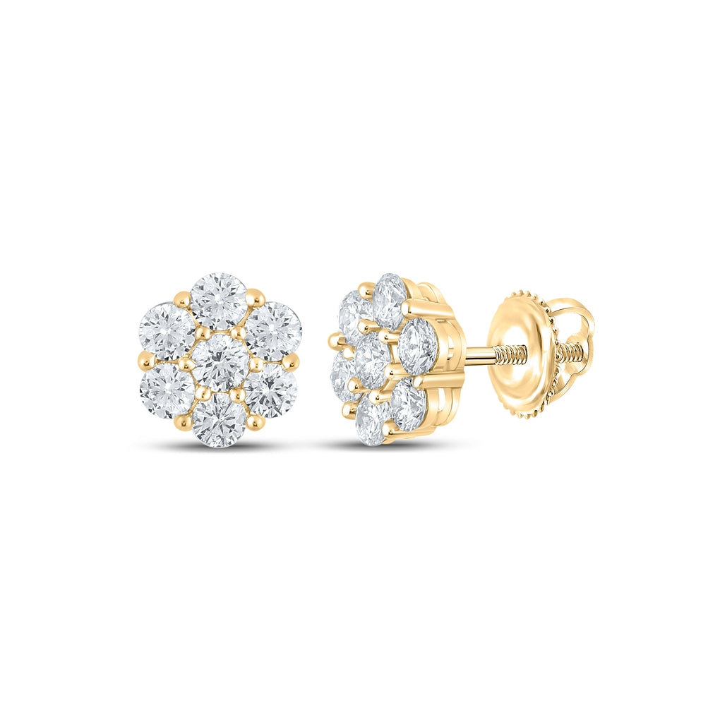14K Yellow Gold Round Diamond Flower Cluster Earrings 1-1/2 Cttw