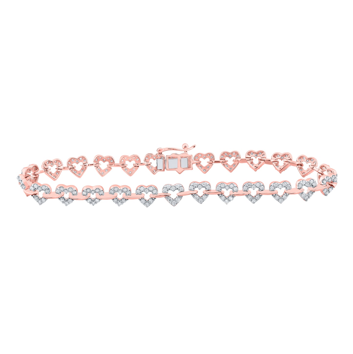10K Rose Gold Womens Round Diamond Heart Fashion Bracelet 1-3/8 Cttw