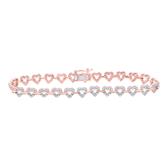 10K Rose Gold Womens Round Diamond Heart Fashion Bracelet 1-3/8 Cttw