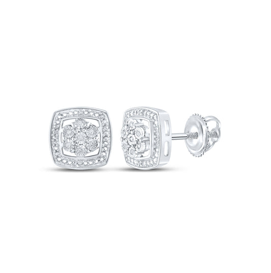 Sterling Silver Womens Round Diamond Square Earrings 1/20ctw