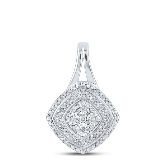 Sterling Silver Womens Round Diamond Offset Square Pendant 1/8ctw