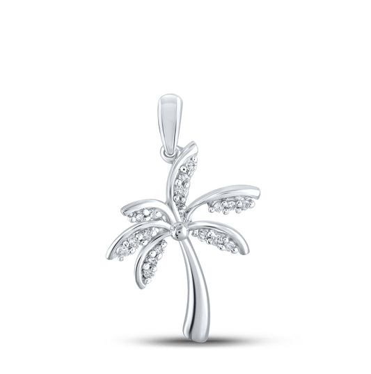 Sterling Silver Womens Round Diamond Palm Tree Nautical Pendant 1/12ctw