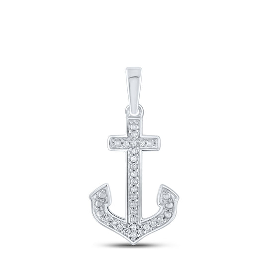 Sterling Silver Womens Round Diamond Anchor Nautical Pendant 1/12ctw