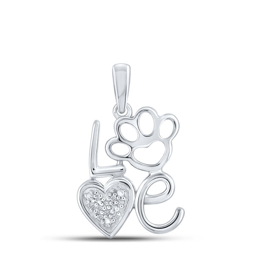 Sterling Silver Womens Round Diamond Love Paw Heart Pendant .03ctw