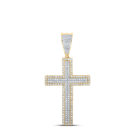 10K Two-tone Gold Mens Round Diamond Cross Charm Pendant 3/4 Cttw