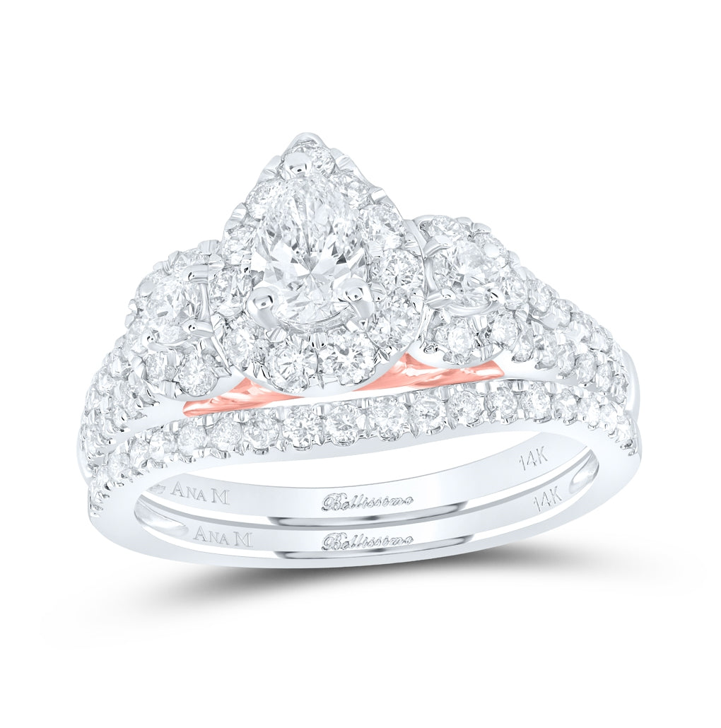 14K Two-tone Gold Pear Diamond Halo Bridal Wedding Ring Band Set 1-1/2 Cttw, Womens Size: 5-10