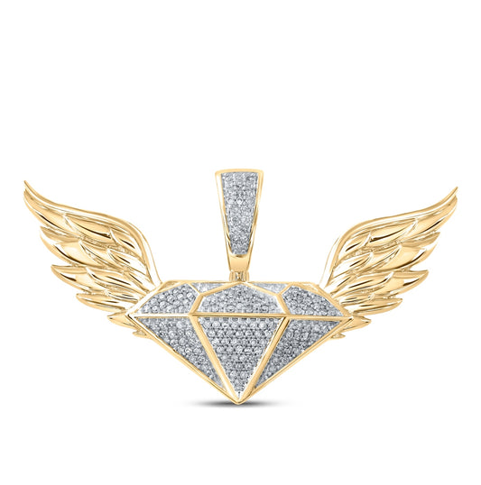 10K Yellow Gold Mens Round Diamond Gem Wings Charm Pendant 1/3 Cttw