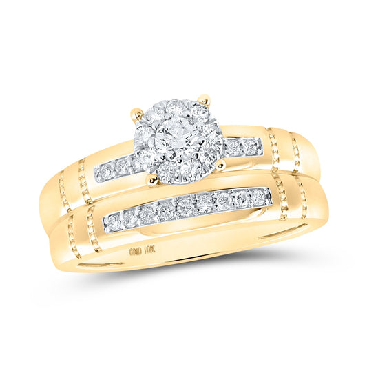 10K Yellow Gold His Hers Round Diamond Cluster Matching Wedding Set 1/2ctw, Womens Size: 5-10, Mens Size: 7-13