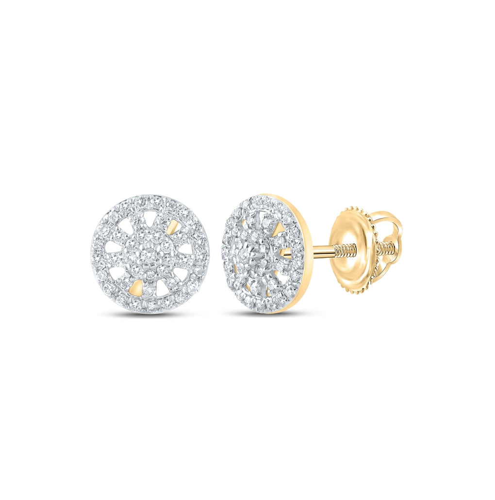 10K Yellow Gold Womens Round Diamond Wagon Wheel Cluster Earrings 1/3 Cttw