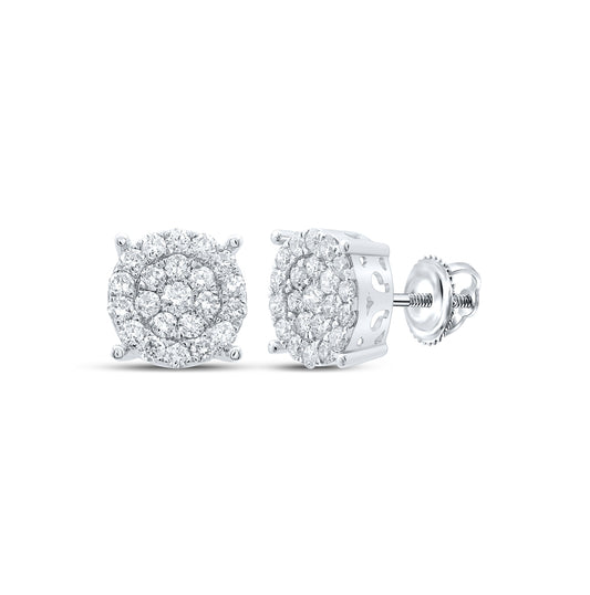 10K White Gold Womens Round Diamond Cluster Earrings 1 Cttw, Length: 0.37 In, Width: 0.37 In