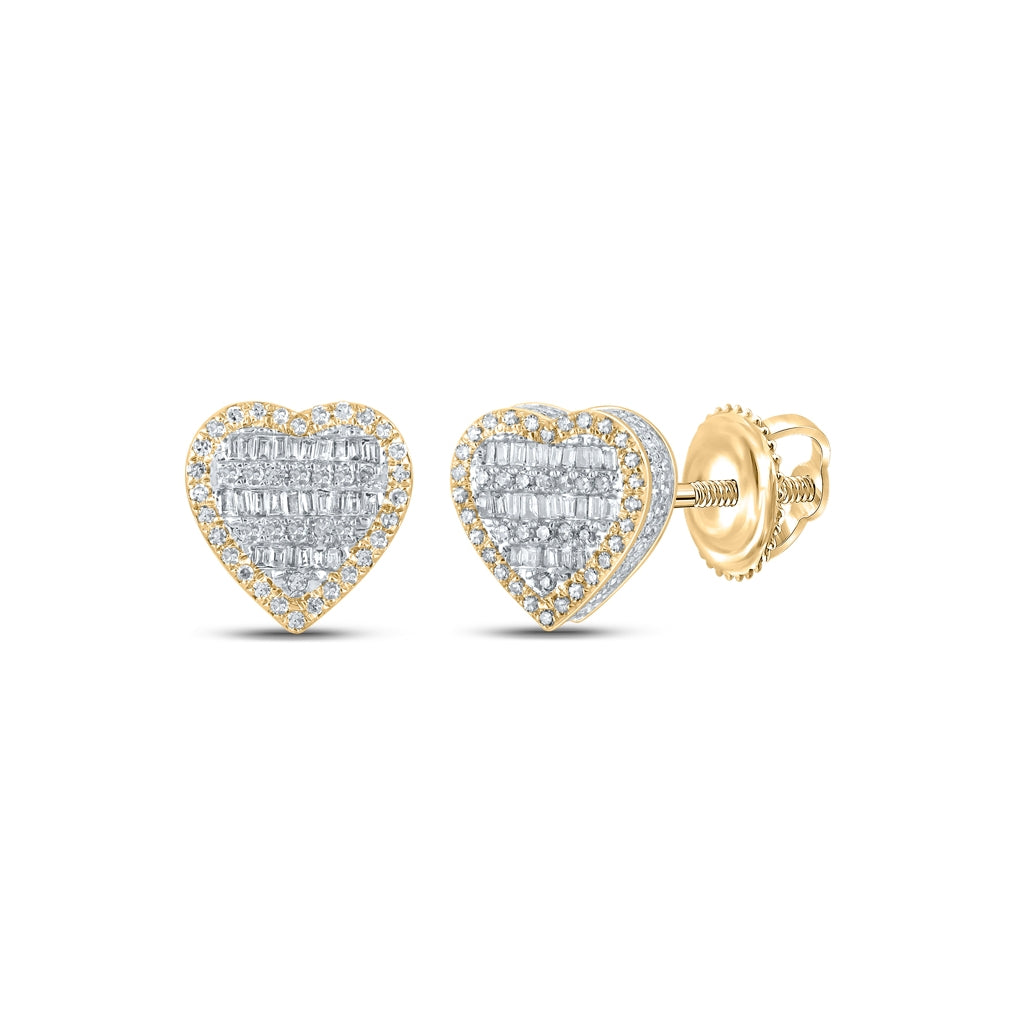 10K Yellow Gold Baguette Diamond Heart Earrings 5/8 Cttw
